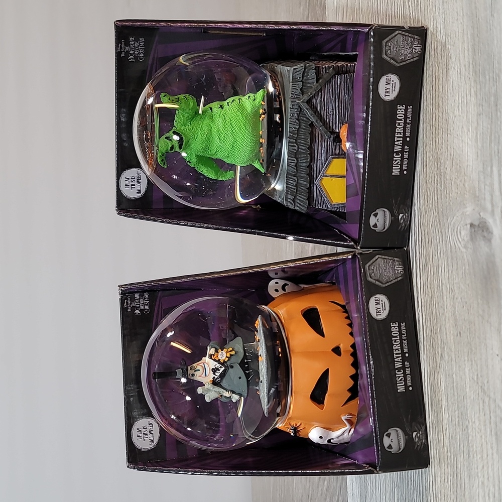 Two NWT, Nightmare Before Christmas, musical automatic  globes